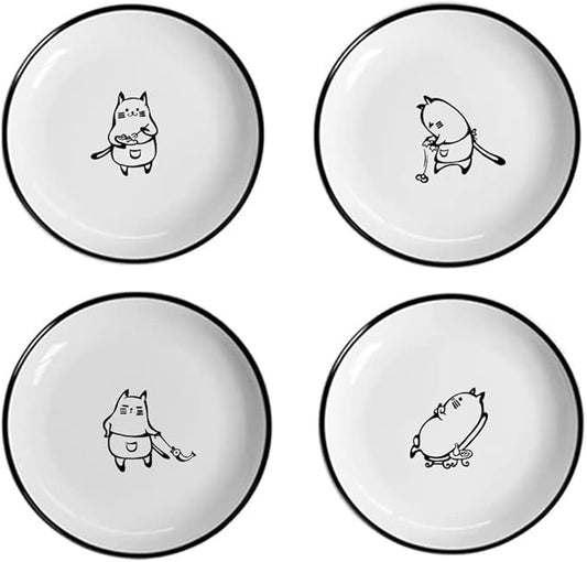 WAIT FLY 5 Inches Funny Chef Cat Pattern Ceramics Seasoning Dishes/Tea Bag Holders/Ketchup Saucer/Appetizer Plates/Seasoning Dipping Bowls, Set of 4