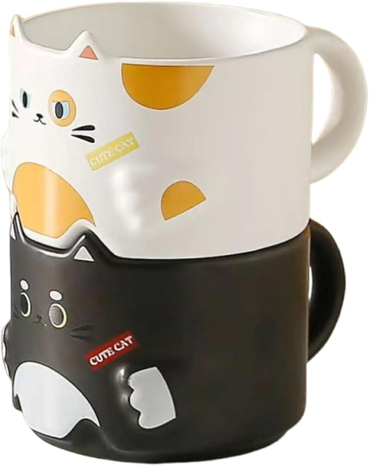 Stackable Cat Mug Set of 2 - Adorable Ceramic Coffee Mugs for Cat Lovers, Funny Cartoon Designs, Perfect Gifts for Party, Christmas, and Enthusiasts, 10 oz, Black and White