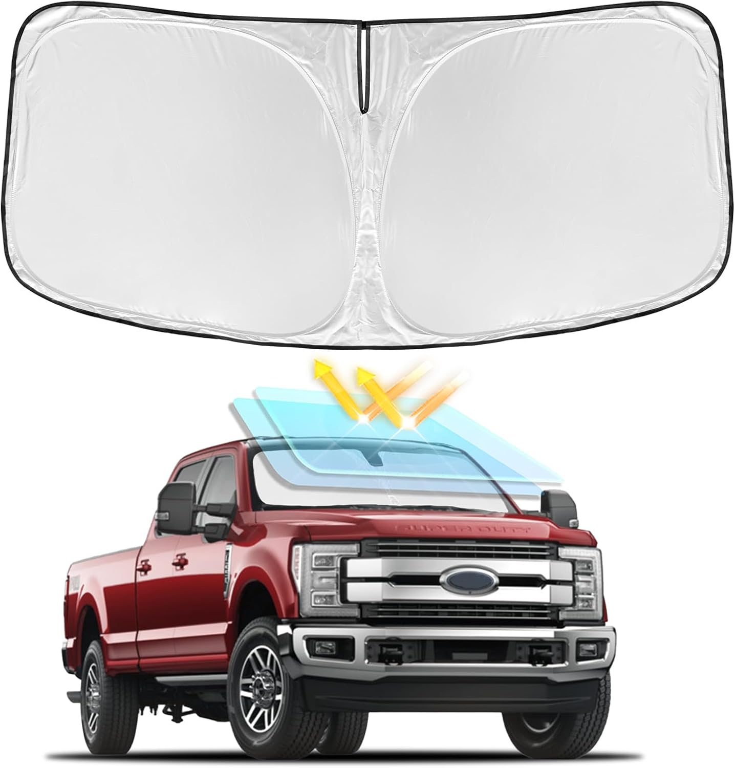for Ford Super Duty F250 F350 F450 F550 2017-2024 2025 Windshield Sun Shade - 4 Layers Car Sunshades for Front Window Shade Cover Custom Fit F-250 Sun Visor 240T Shade Blocks UV Rays Car Accessories