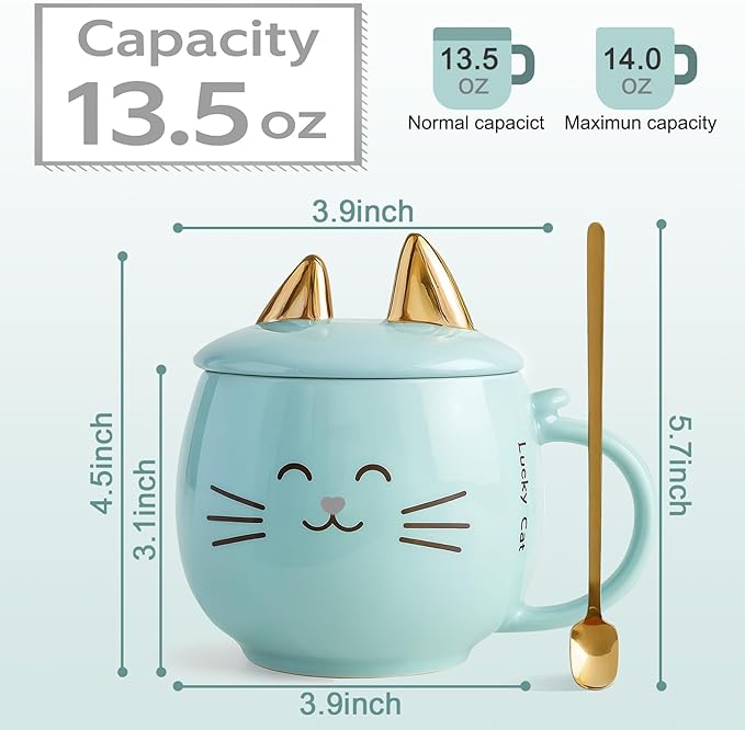 Yuwu Cat Ceramic Coffee Mug with Spoon & Lid, 13.5 oz Novelty Mug with Phone Stand Lid, Cute Tea Cup for Women & Cat Enthusiasts (Blue)