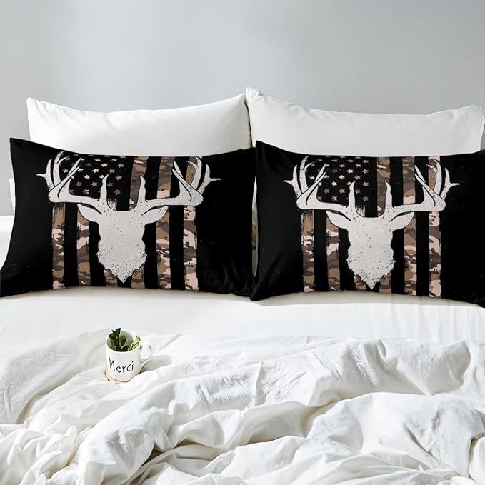 Camouflage American Flag Comforter Set, Hunting Antler Bedding Comforter Sets Brown Black Camo Striped Bedding King Size for Kids Boys Teens Adult Women, Rustic Woodland Animal Duvet Insert