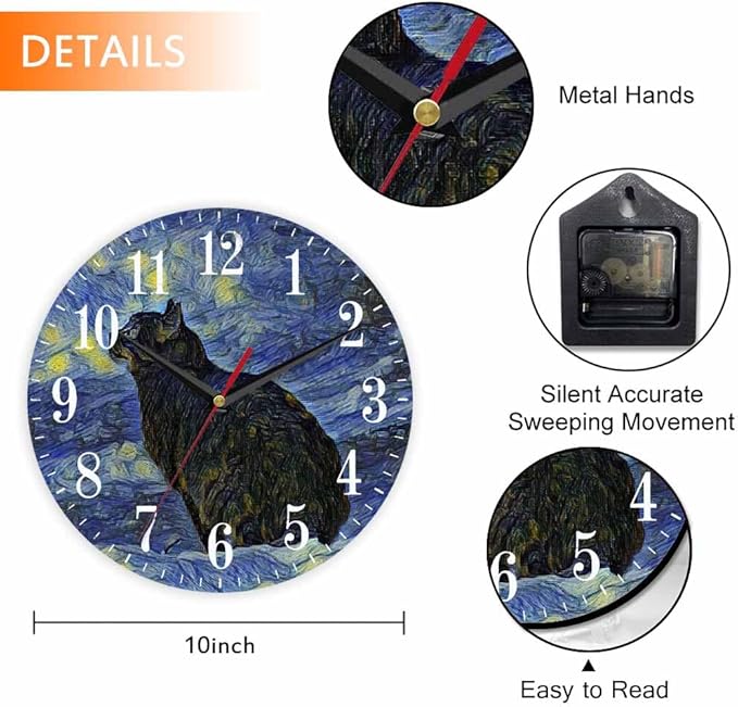 Van Gogh Wall Clock Oil Painting Galaxy Cat 10 Inch Silent Non Ticking Battery Operated Clock Vintage Round Clock for Living Room Bedroom Bathroom Office Decor