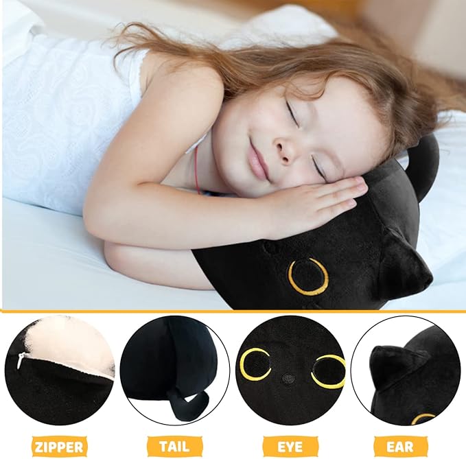 3D Black Cat Plush Toy, 17.7" Black Cat Pillow, Animal Soft Plush Pillow Baby Plush Toy Cat Shape Design Cute Cat Waist Cushion, As Birthday, Halloween, Christmas Decoration