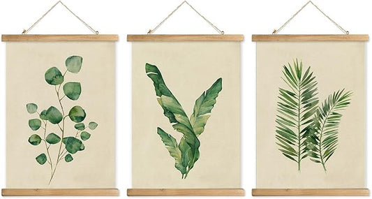 XIAOAIKA 3-Pack Greenery Art Posters with Wooden Hangers - Eucalyptus, Banana Leaf, Palm Frond Illustrations, Minimalist Botanical Wall Art, 12x16 Inches