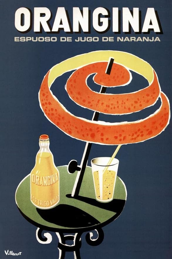 Bernard Villemot Orangina Vintage Orange Drink Advertising Ad Orange Peel Umbrella Cool Wall Art Print Poster 16x24