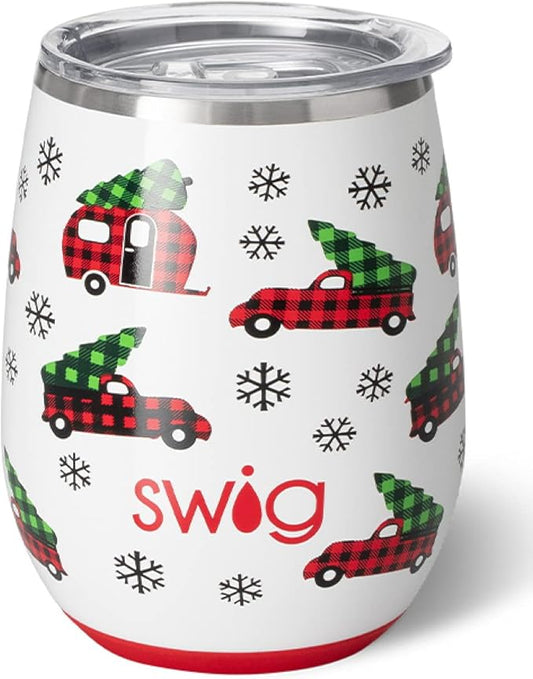 Swig 14oz Insulated Wine Tumbler with Lid, Dishwasher Safe, Stainless Steel Wine Cups (Home Fir the Holidays)