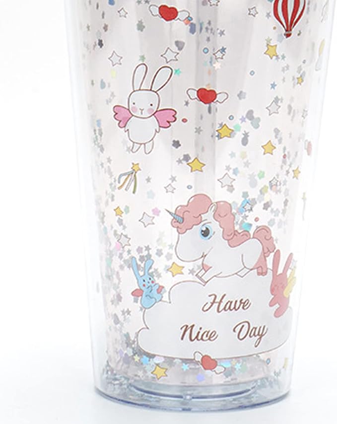Unicorn Drinking Cup with Straw Kid Travel Tumbler Glitter Ice Coffee Mugs Plastic Cup for Party Gift (pink unicorn, 6.5 * 20cm))