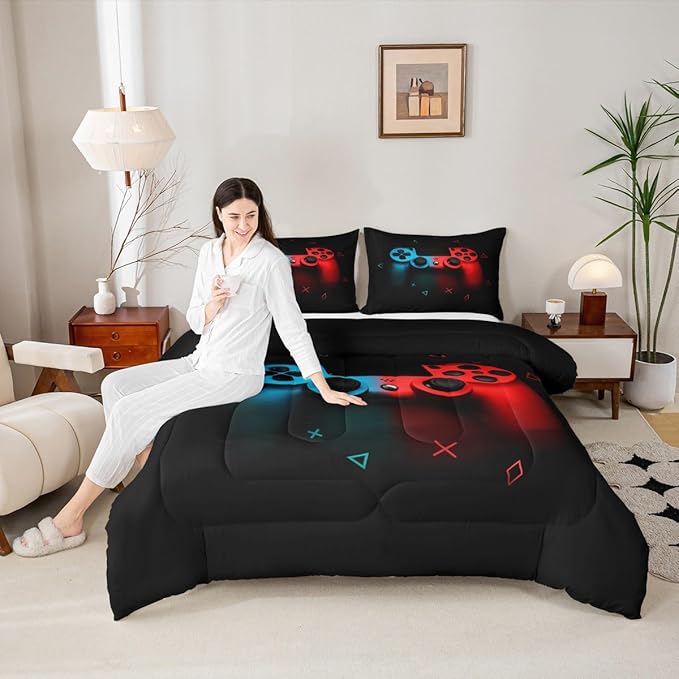 Boys Gamepad Comforter Set Full,Play Gamer Bedding Set Kid Young Man Video Games Down Comforter for Teen Child Game Room Decor Black Classic Retro Gaming Quilt Duvet Set with Controller Button