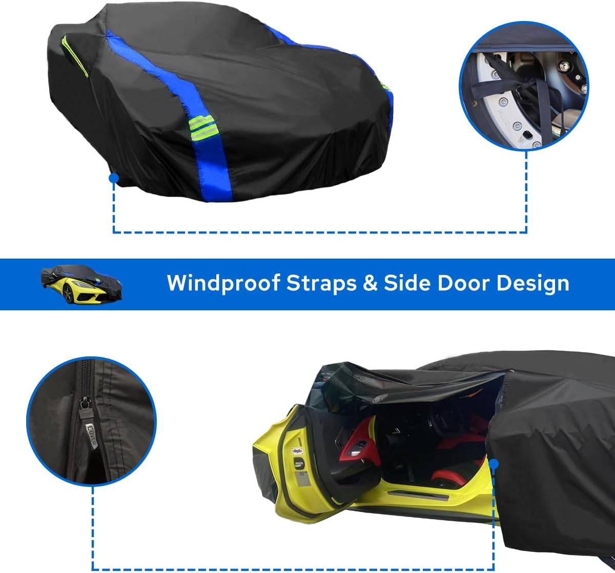 Avecrew for Chevrolet Corvette C8 Car Cover Waterproof All Weather for Automobiles, Outdoor Full Exterior Covers Fit 2020-2024 Corvette C8 with Windproof Strap and Driver Door Zipper