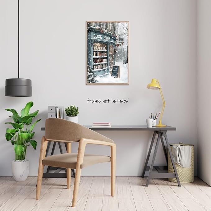 Vintage Christmas wall art Winter Book Shop Poster Print Book Lovers Gift Reading wall art Bookshop Wall Decor Winter Landscape Painting Room decor Aesthetic Unframed16x24inch