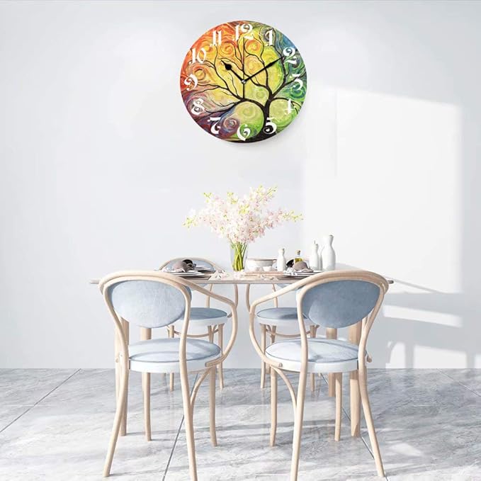Wamika Wall Clock Tree of Life Rainbow Branch Leaves Seasonal Flowers Round Clock Silent Non Ticking Decorative, Spring Summer Autumn Floral Clocks 10 Inch Battery Operated Quartz Quiet Desk Clock