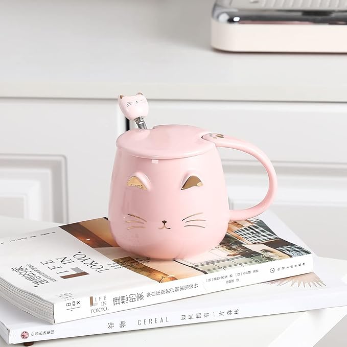 Yuwu Cat Mug Cute Coffee Mug gifts for cat lovers Ceramic Cup, Novelty Mug with Lid and Stainless Steel Spoon, Christmas Birthday Gifts Present for kids Women Girls (pink)