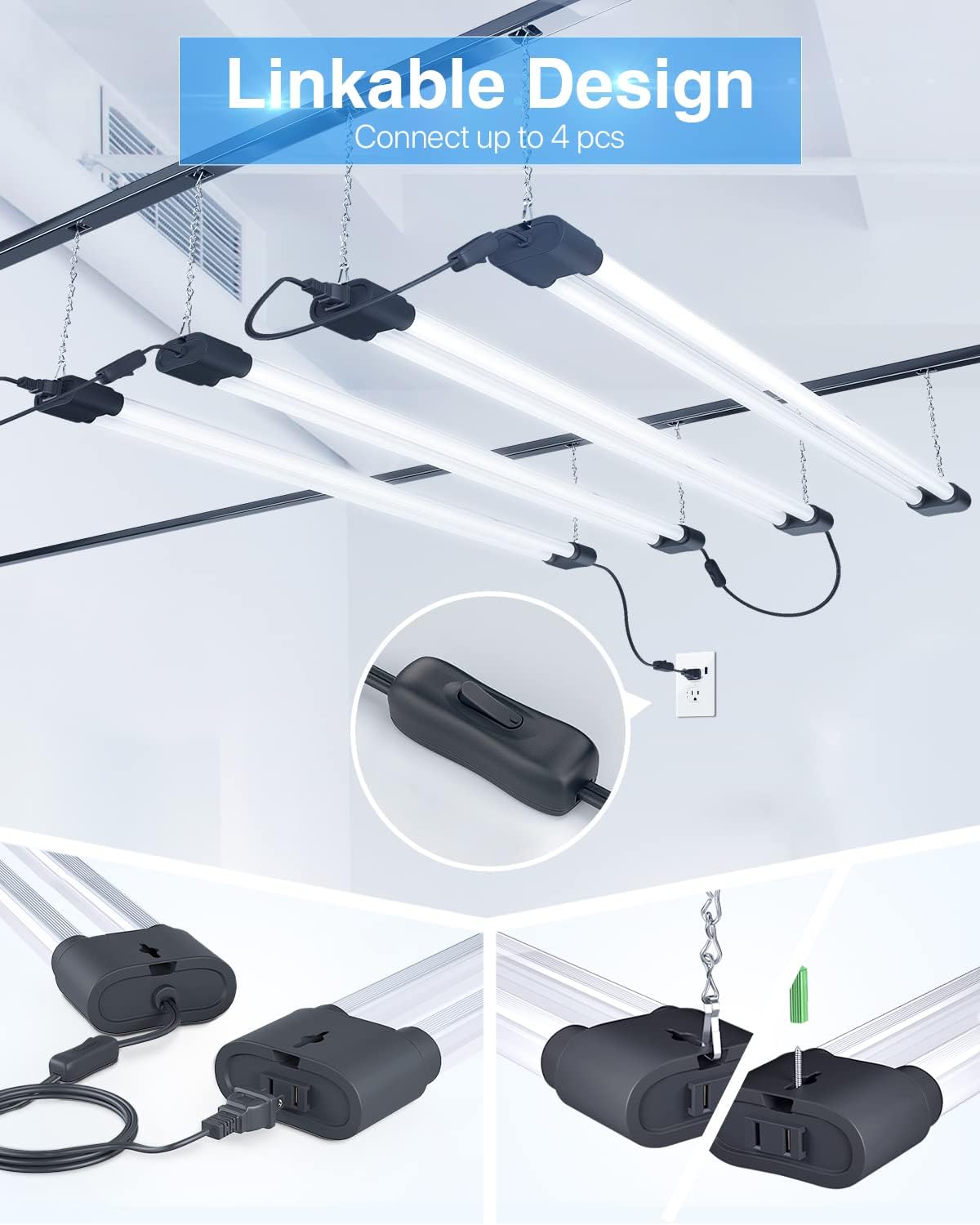 Ensenior 4 Pack Linkable LED Utility Shop Light, 4 FT, 4400 High Lumens, 36W Equivalent 280W, 5000K Daylight, 48 Inch Shop Light for Garage, Surface or Hanging Mount, Black, ETL Certified