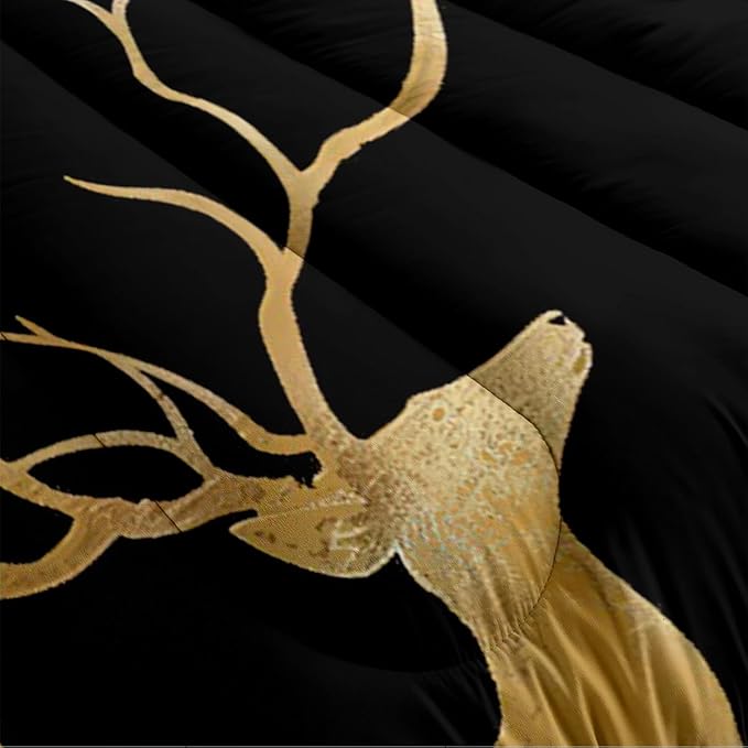 Black Gold Deer Comforter Set Full Size Unique Design Deer and Moon Bedding Set Chic Animal Bedding Modern Bedroom Decor Down Comforters Soft Microfiber Comforter Sets for Boys Girls