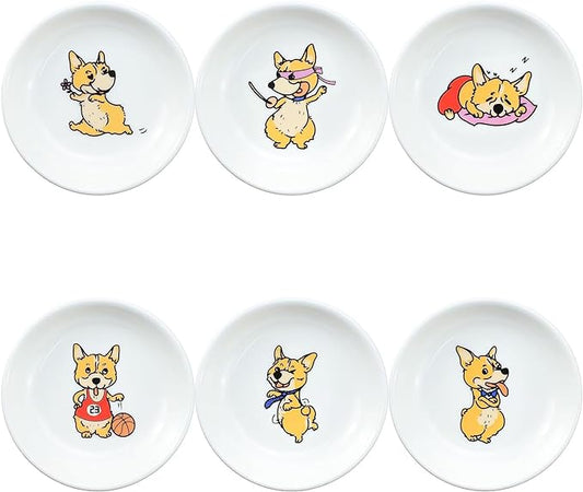 Super Cute Cartoon Animal Pattern Ceramic Sauce/Seasoning/Sushi Soy Dipping Bowl/Appetizer Plates/Serving Dish for Kitchen Home (Set of 6) - Corgi