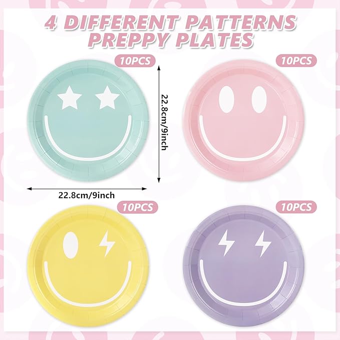 Whaline Pastel Smile Paper Plates 4 Designs Disposable Plates 9 Inch Dinner Dessert Plates for Birthday Wedding Party Supplies Table Decor, 40Pcs
