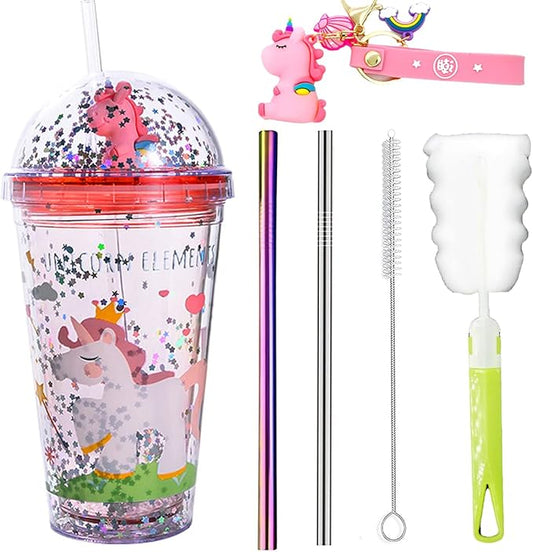 Unicorn Travel Tumbler Mug Pink Cup with Straw Kids Plastic Insulated Glitter Watter Bollter Toddler Ice Coffee Mugs Girl Drinkware (pink unicorn, 6.5 * 20cm)