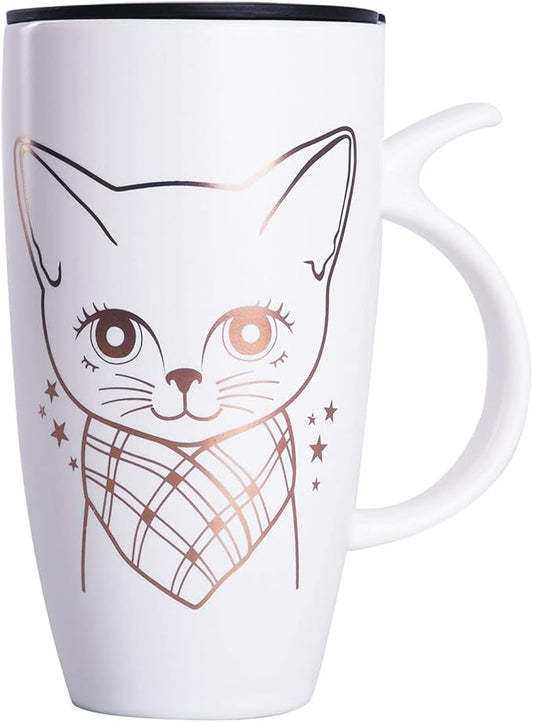 WHJY 20oz Large White Cute Cat Ceramic Coffee Mug With Splash-Proof Lid, Cat Tail Handle, Animal Tumbler