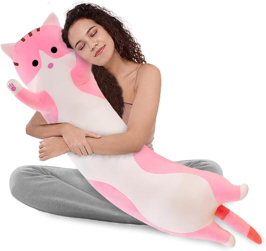 WUYU Lovely Plush Cat Doll Cute Cartoon Soft Stuffed Kitten Pillow Long Throw Sleeping Pillow Doll Toy Gift for Kids Girlfriend Multiple Size (Pink,110cm/43.3in)