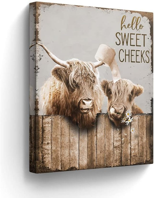 Bathroom Decor Canvas Wall Art Highland Cow Pictures Wall Decor Farmhouse Bathroom Cow Painting for Bathroom Toilet Country Cattle Prints Artwork Framed 12"x16"