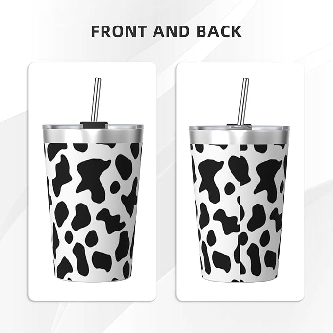 White Black 12 OZ Insulated Tumbler Mug with Lid Straw, Cow Print Double Wall Vacuum Insulated Travel Coffee Cup for Hot and Cold Drinks