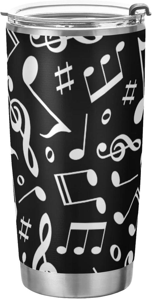 Tumbler Black White Music Note Insulated Coffee Cup Beverage Container Travel Mug with Straw and Lid Double Wall Stainless Steel 20oz Holiday Gift