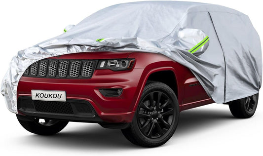 KouKou 6 Layers SUV Car Cover Waterproof All Weather, Universal Fit Jeep Grand Cherokee,Honda Pilot, Lexus RX350, Jeep etc, Outdoor Full Exterior Jeep Covers with Zipper Door. (190 to 201 inches)
