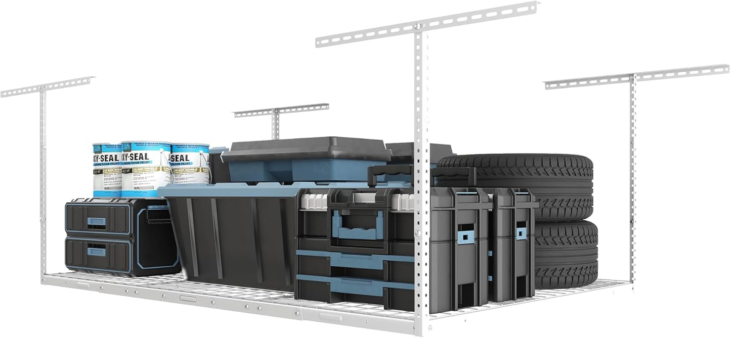 FLEXIMOUNTS 4x6 Overhead Garage Storage Adjustable Ceiling Rack 72" Length x 48" Width x 40" Height, 450lbs Weight Capacity, White