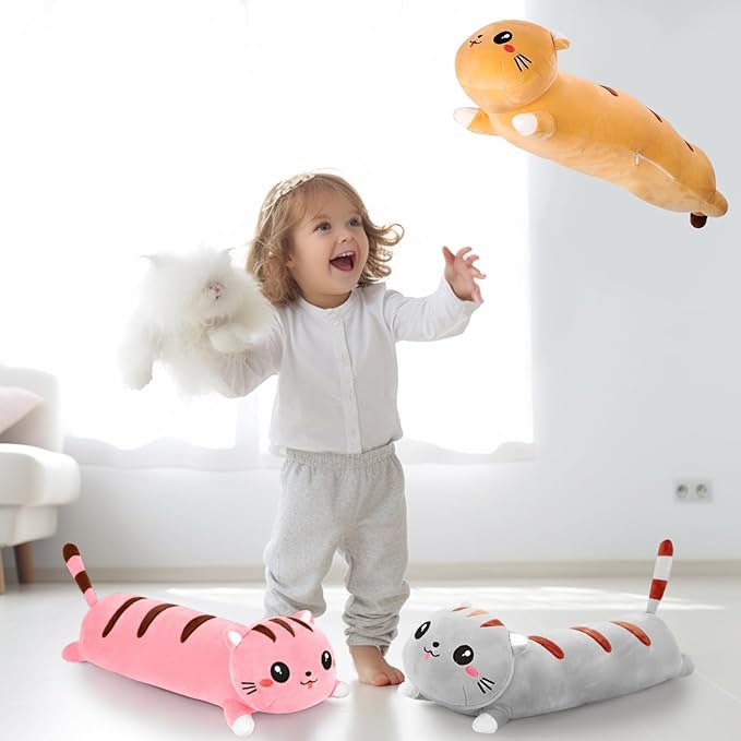 AFAN Long Cat Plush Cute Cat Body Pillows Kawaii Stuffed Animals Plushies Soft Cuddly Cotton Plush Toys Room Decor Gifts for Kids Girls Boys Adults (Grey, 25.9 Inch)