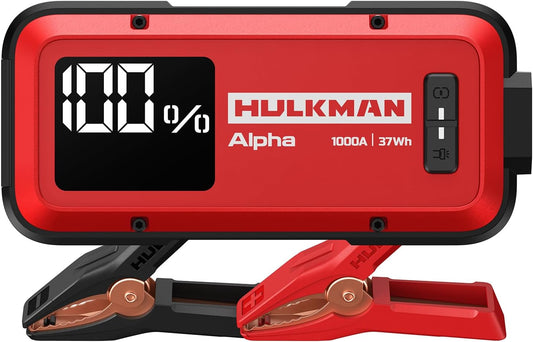 Hulkman Alpha, Ultra Red, 1000A 37Wh Battery Jumper Starter Portable, 12V Modern Car Jump Box with Jumper Cables, for 6.5L Gas/3.0L Diesel Engines, 65W Fast Charging, IP65 Rated, Large LED Display