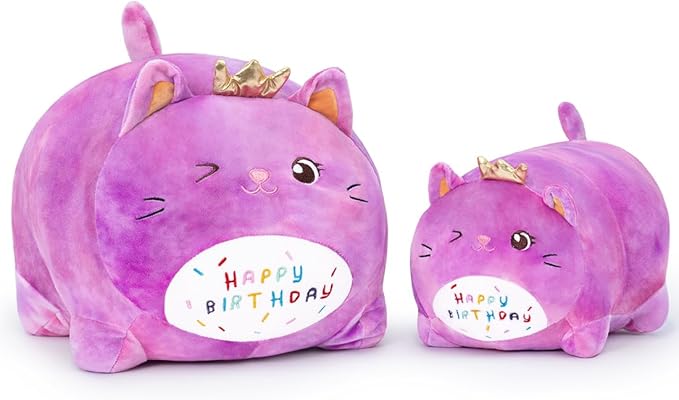 Birthday Cat Plush Pillow Stuffed Animal Toy, Purple Birthday Cat Plush Stuffed Animals, Soft Cat Plush Pillow for Kids(Purple Cat, 25cm/9.8inch)