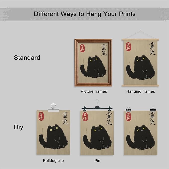 Vintage Japanese Cat Canvas Art - Black Cat Painting, Cat Lovers Gift, 12x16in Unframed for Living Room or Bedroom