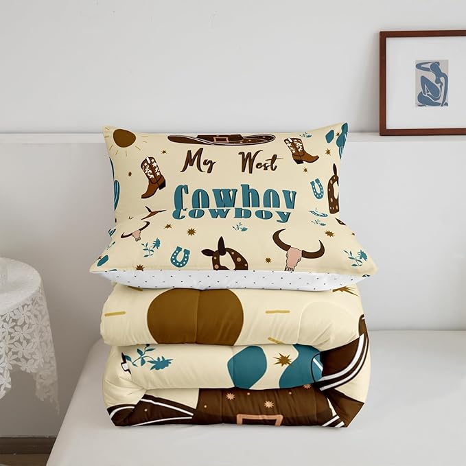 Western Cowboy Bedding Set Queen Size,Cowboy Boots Horseshoe Comforter Set 3Pcs for Kids Girls Boys Teens Room Decor,Southwest Quilt Set Blue Brown Cowhide Print Duvet Insert,2 Pillowcases