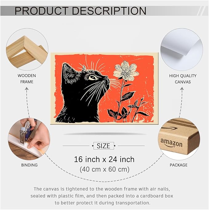 Black Cat Posters Vintage Animal Botanical Wall Art Cute Cat Sniffing Flower Canvas Painting Gift For Cat Lover 16x24 inch Framed Living Room Gallery Wall Decor