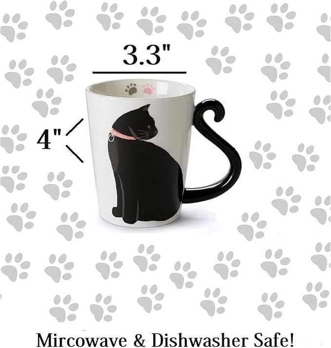 VOTUM White Ceramic Coffee Mug or Tea Mugs: Animal Shaped Mugs with Hand Printed Designs and Printed Saying - 12 Fluid Ounce Large, Cute Handmade Cup Gift - Black Cat