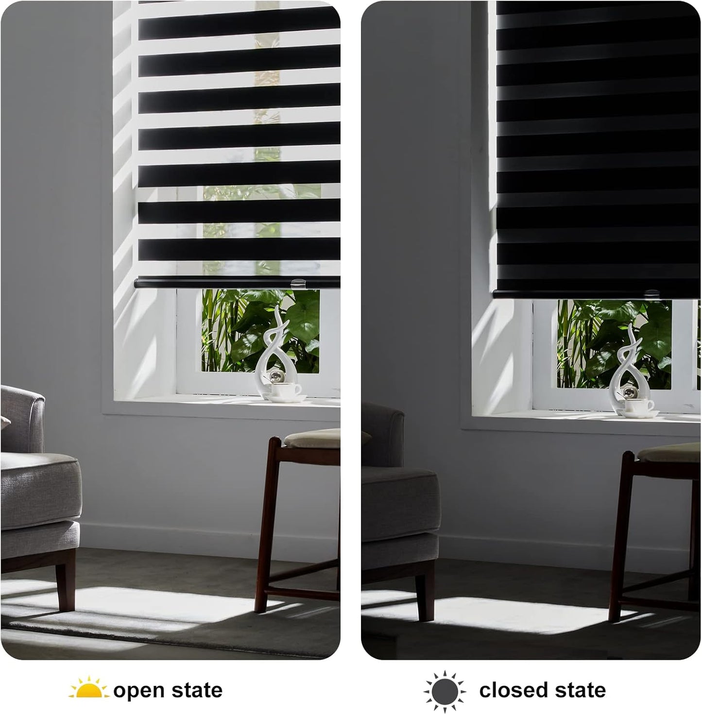 Persilux Cordless Zebra Blinds for Windows Free-Stop Window Shades (27" W X 72" H, Black) Dual Layer Light Control for Day and Night, Light Filtering Sheer Shades for Home, Easy to Install