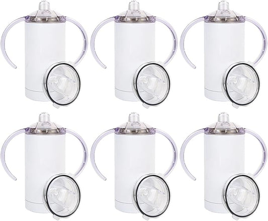 6 Pack Sublimation Blanks Sippy Cup Baby Bottle with Handles Straight Stainless Steel Insulated Skinny Tumblers with Splash proof Lid 12 oz Shatterproof Water Tumbler