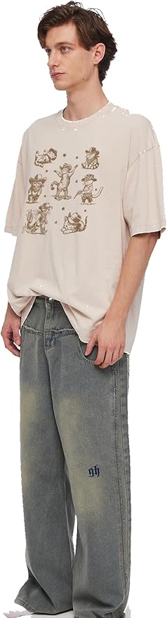 Y2K Oversized Graphic Tees for Women -Cowboy Cats Acid Washed Vintage Unisex Tee Short Sleeve Streetwear Tops