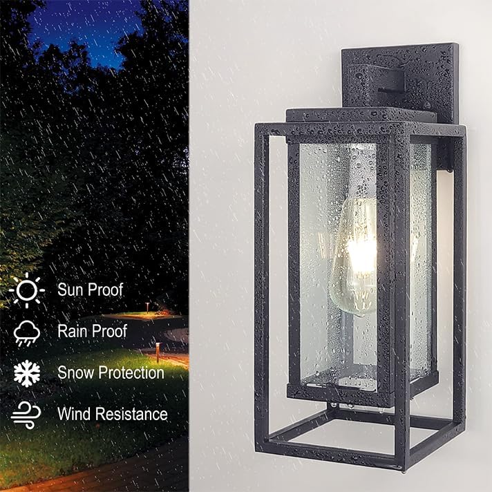 14" Outdoor Wall Light Fixtures Waterproofed Exterior Lantern W/Sturdy Rectangular Double Cage In Satin Black&Clear Tempered Glass,Sconce Mounted For House Patio,Front door,Porch,Garage Lighting 2Pack