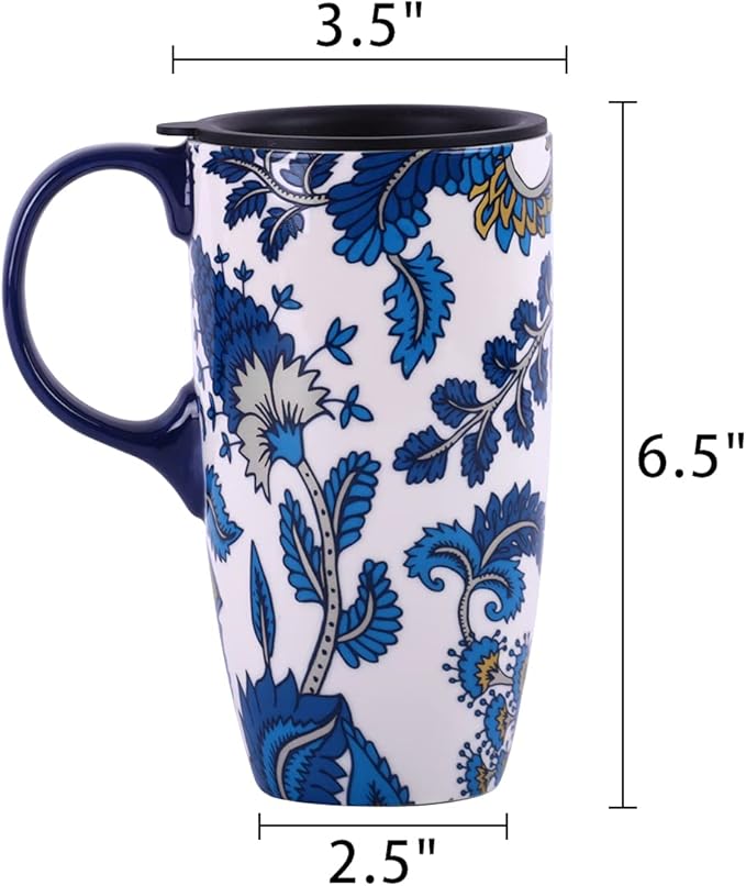 Topadorn Ceramic Mug with Lid and Handle,17oz. Tall Coffee Cup for Home,Party and Birthday,Blue Flower