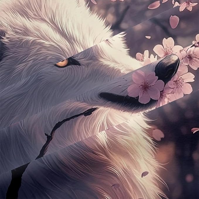 White Wolf Bedding Full Size Grey Pink Cherry Blossom Comforter Set Wildlife Wolves Safari Animal Bedding for Kids Girls Boys Teens, Soft Lightweight Comforter Sets 3Pcs