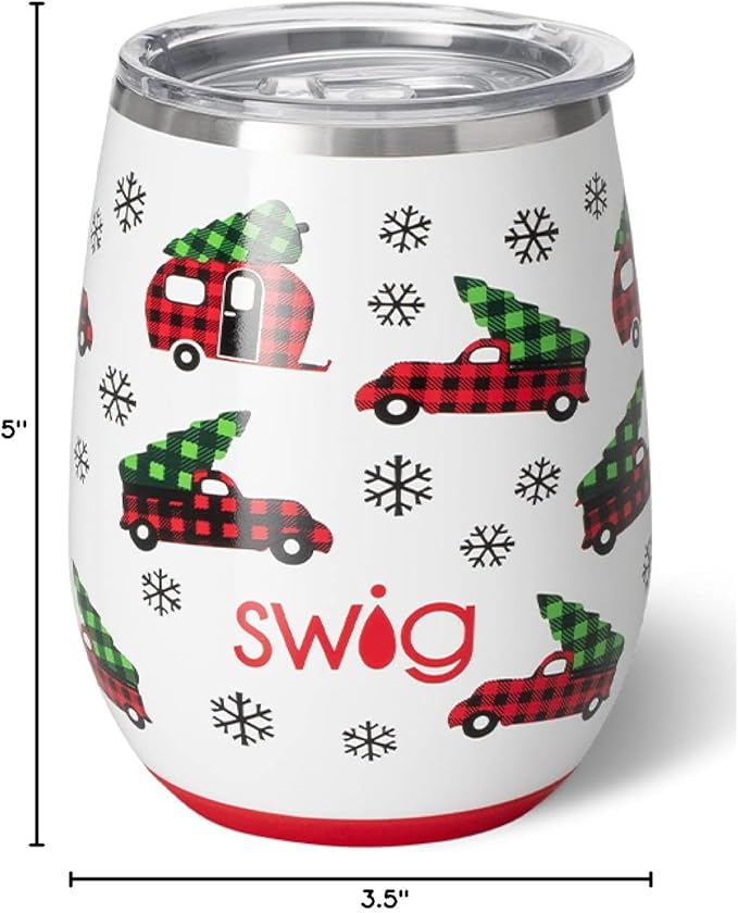 Swig 14oz Insulated Wine Tumbler with Lid, Dishwasher Safe, Stainless Steel Wine Cups (Home Fir the Holidays)