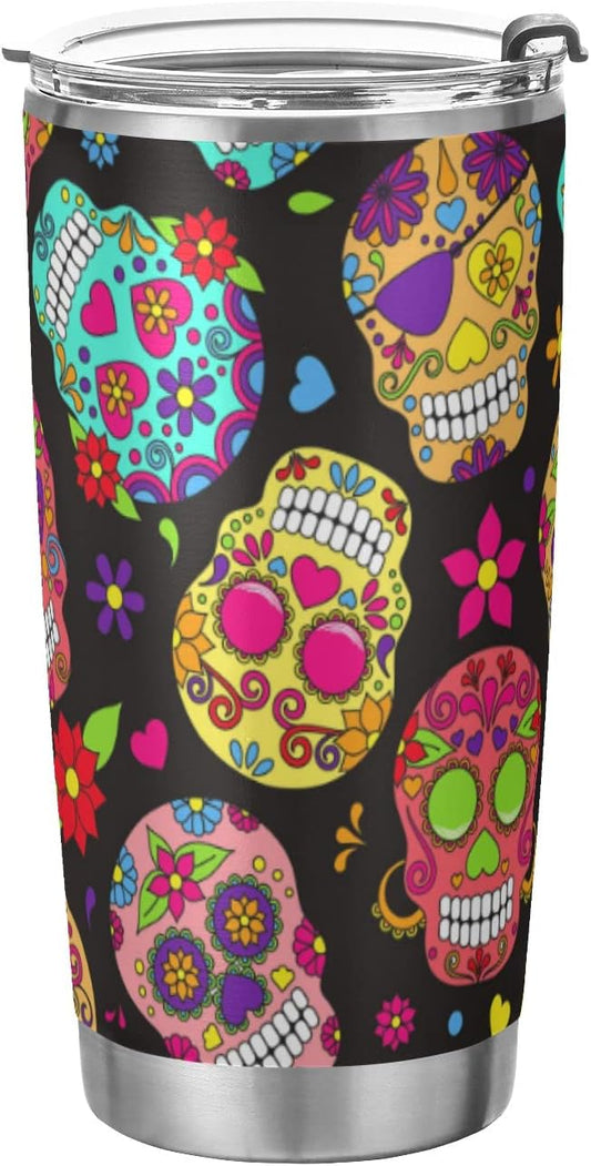Tumbler Sugar Skull Insulated Coffee Cup Halloween Day of The Dead Beverage Container Travel Mug with Straw and Lid Double Wall Stainless Steel 20oz Holiday Gift