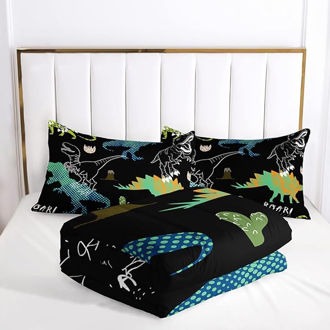 Suncloris Kids Dinosaur Comforter, Multi-Color Cartoon Dino Bedding Bedspread for Boys Teens, All Seasons Soft Jungle Animals Quilt Bedroom Decor with 2 Pillow Cases (02, Twin)