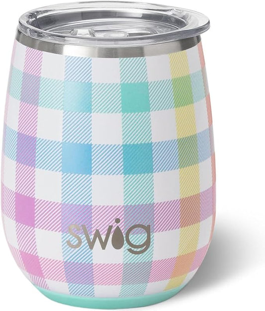 Swig Life 14oz Insulated Wine Tumbler with Lid | Discontinued Prints | Dishwasher Safe, Holds 2 Glasses, Stainless Steel Outdoor Wine Glass (Pretty in Plaid)