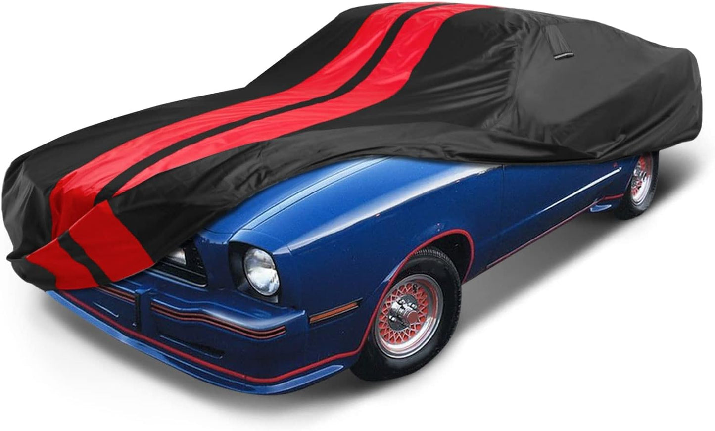iCarCover Custom Car Cover Compatible with Mustang 1974-1978, Waterproof All Weather Rain Snow UV Sun Protector Full Exterior Indoor Outdoor Car Covers, Stripe (Black/Red)