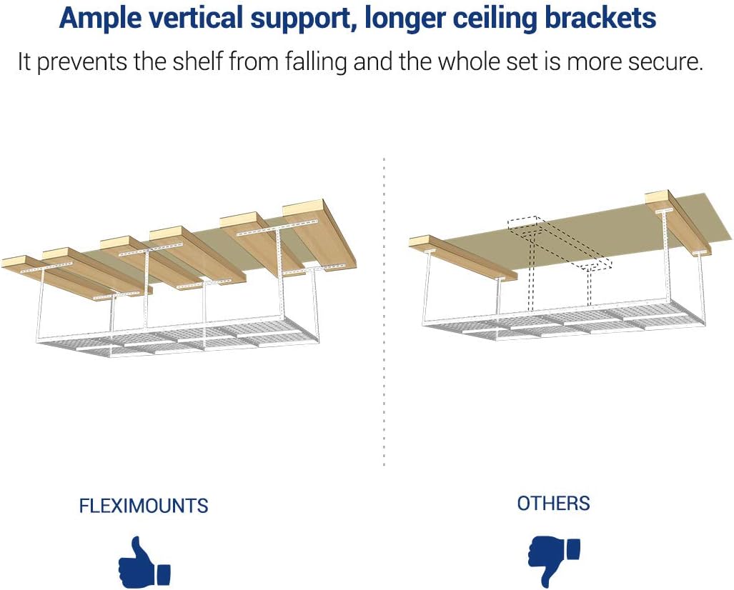 FLEXIMOUNTS 4x8 Overhead Garage Storage Rack w/Hooks Adjustable Ceiling Storage Racks, 96" Length x 48" Width x 40" Height, 22''-40" Ceiling Dropdown, White