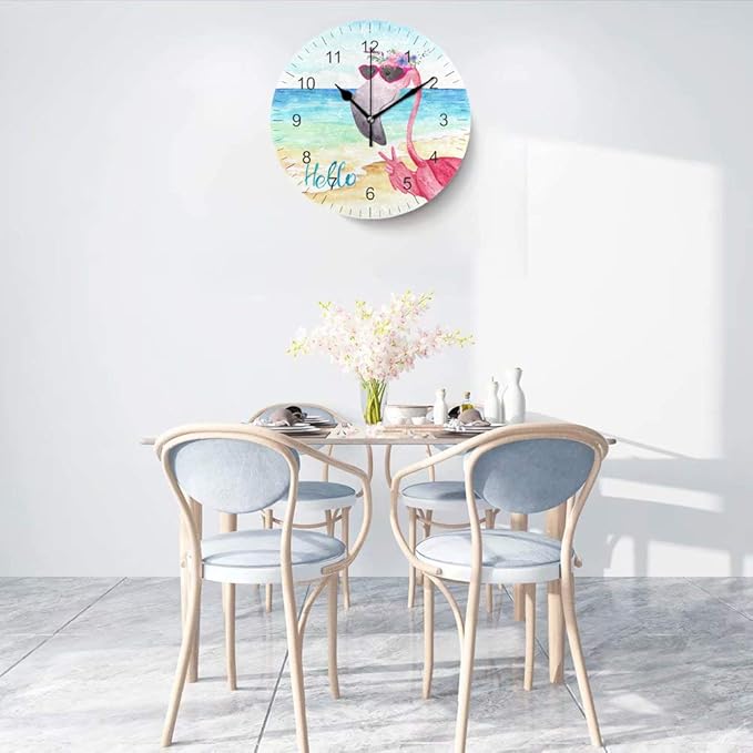 Wamika Wall Clock Pink Flamingo Beach Sea Summer Flowers Silent Non Ticking Round Clocks, Flamingos Birds Ocean Floral Clocks 10 Inch Battery Operated Quartz Quiet Desk Clock for Home Office