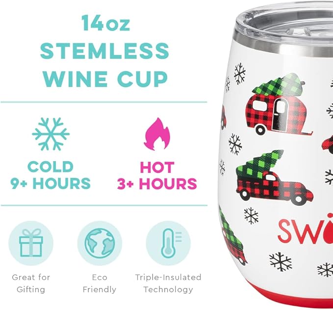 Swig 14oz Insulated Wine Tumbler with Lid, Dishwasher Safe, Stainless Steel Wine Cups (Home Fir the Holidays)