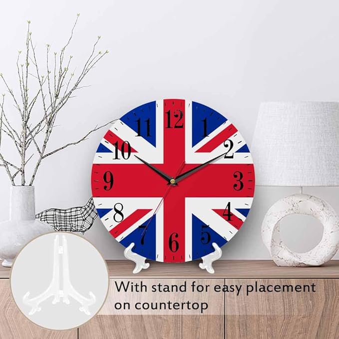 United Kingdom Flag Wall Clock UK British England National Flags 10 Inch Silent Non Ticking Battery Operated Clock Vintage Round Clock for Living Room Bedroom Bathroom Office Decor